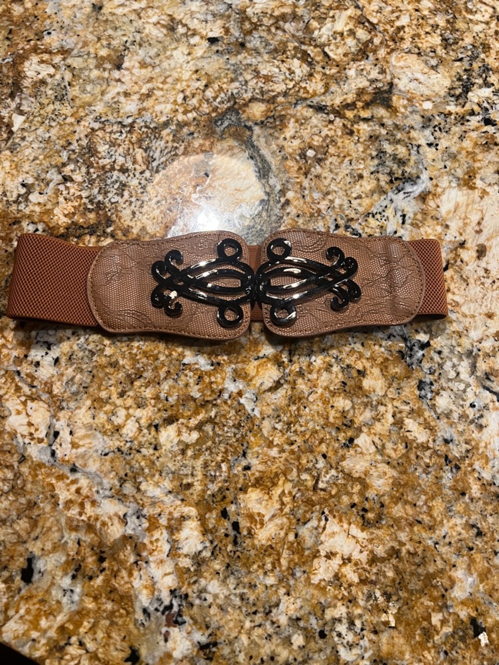 Elastic Brown Women's Waist Belt with Decorative Black Clasp